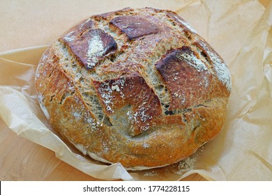 Loaf Of Crusty Miracle Overnight No Knead Bread Baked On Parchment Paper