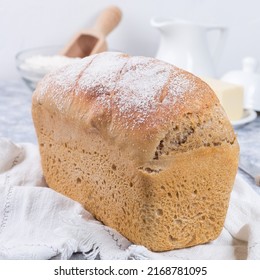 Loaf Of Homemade Sandwich Bread With White Cloth, Square Format