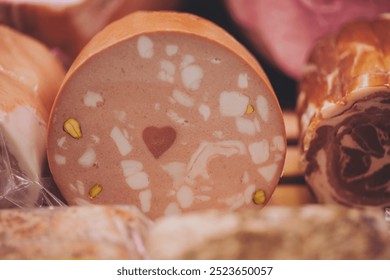 Loaf of mortadella with a heart design at a local butcher shop in Italy. Italian traditional sausage at the counter on the market. - Powered by Shutterstock