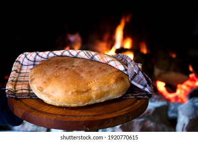 A Loaf Of Traditional Serbian Homemade Bread - Fresh Pogaca Baked In Open Fire Oven 