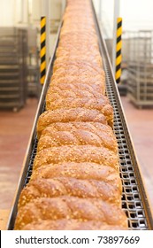 Loafs Of Bread Being Made In A Factory