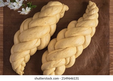 Loafs Of Challah Bread. Proofing Baking Before Placing In The Oven. Braided Sweet Bread Dough. From Above, Overhead.