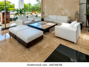 Lobby, Gallery, Lounge Area Of The  Luxury Caribbean, Tropical Hotel, Resort. Interior Design.