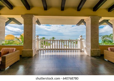 Lobby, Gallery, Lounge Area Of The  Luxury Caribbean, Tropical Hotel, Resort. Interior Design.