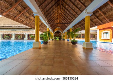 Lobby, Gallery, Promenade Of The  Luxury Caribbean, Tropical Hotel, Resort. Reception Area. Interior Design.