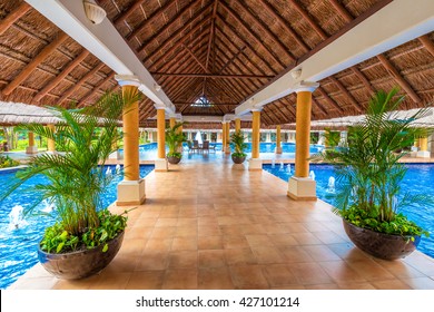 Lobby, Gallery, Promenade Of The  Luxury Caribbean, Tropical Hotel, Resort. Reception Area. Interior Design.