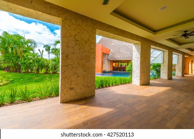 Lobby, Gallery, Promenade Of The  Luxury Caribbean, Tropical Hotel, Resort. Reception Area. Interior Design.