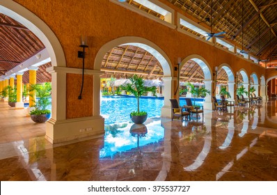 Lobby Of The  Luxury Caribbean, Tropical Hotel, Resort. Reception Area. Interior Design.