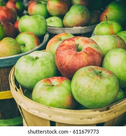 Lobo Apples In A Basket At The Market With Vintage Effect