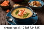 Lobster Bisque: Creamy, rich soup made from lobster stock, with tender lobster meat and a hint of sherry.