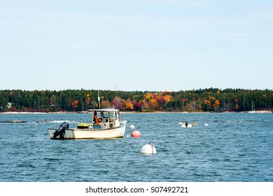 Lobster Boat With Fall Foliage, Georgetown, Maine