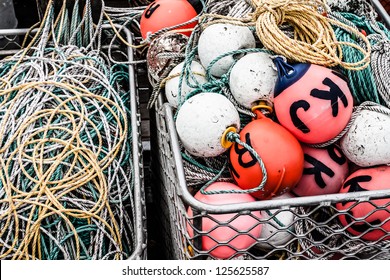 Lobster Or Crayfish Pots Stacked On Fishing Boat, Close Focus On Centre Pot, St Helens, Tasmania, Australia