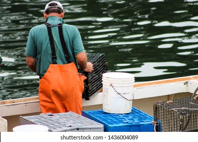 Lobster Fisherman Pulling A Lobster Trap Into His Boat.