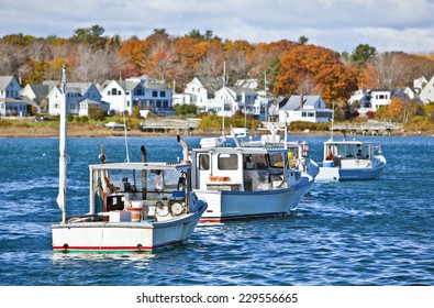 Lobster Fishing Vessels At Sunset In Maine, New England