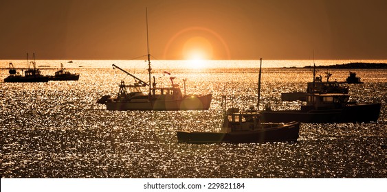 Lobster Fishing Vessels At Sunset In Maine, New England