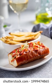 Lobster Roll Served With Fries And White Wine, Summer Lunch