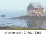 Lobster shack with lobster buoys perched on a rocky shoreline with the ocean in the background, Lands End, Maine, United States of America, North America