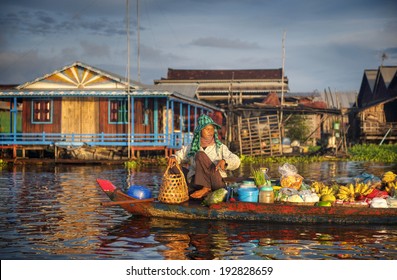 Local Cambodian Seller In Floating Market.