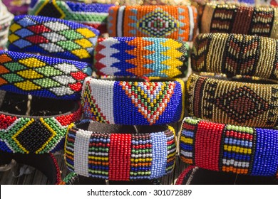 Local Craft Market In South Africa. Unique Handmade Colorful Beads  Bracelets, Bangles. Craftsmanship. African Fashion. Traditional Ornament, Accessories.