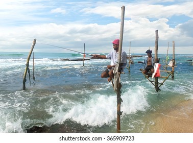 Local Fishermen On Stick In Indian Ocean, Sri Lanka