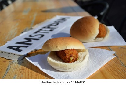 Local Food In Amsterdam: Broodje Kroket: A Bun With Dutch Kroket 