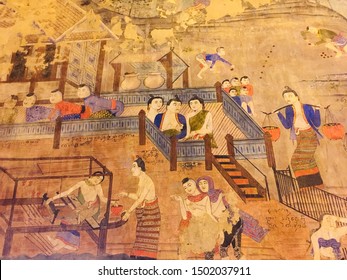 Local lifestyle ancient Thai people mural wall painting - Shutterstock ID 1502037911