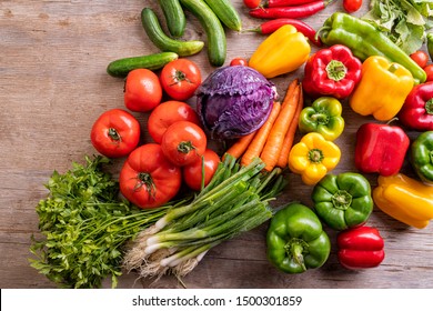 Local Market Fresh Vegetable, Garden Produce, Clean Eating And Dieting Concept, Fresh Vegetables On Wooden Table 