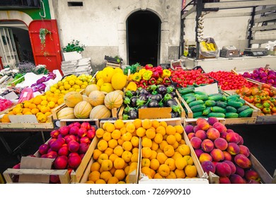 Local Market Greengrocery Food Miles Fruits And Vegetable Shelves