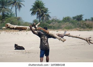 Local Native Man Holding Tree Trunk And Knife Walking On A Deserted Beach In Tropical Island In The Bissagos Islands Archipelago In Guinea-Bissau. Arquipélago Dos Bijagós Na Guiné-Bissau