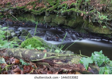 Local river flowing in a hidden gem in Ballymena, County Antrim, Norther Ireland. Beautiful flowing rive with great gree foilage at either side of the banks of the river.