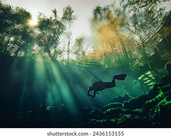 Local scuba diver swims through the clear aqua waters of tree-ringed Troy Springs State Park, Florida - Powered by Shutterstock