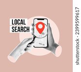 local search, SEO optimization, searches near me, Optimization, search engines, local, marketing strategy, business line, hand with magnifying glass, cell phone in hand, map with pin, local search