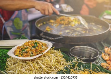 Local Street Food Stalls Making Pad Thai In Bangkok Thailand.