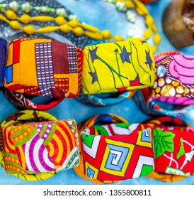 Local Street Market In South Africa. Handmade Colorful Beads Bracelets, Bangles. Craftsmanship. African Fashion. Traditional Ornament, Accessories.