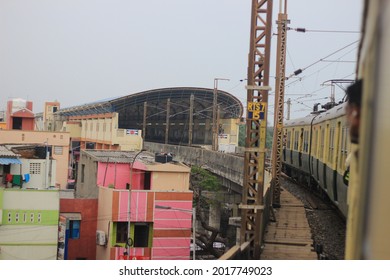  The Local Train Entering Into The Railway Station ( Narrow Depth Of Field) In Chennai, Tamil Nadu. India. Dec 2018