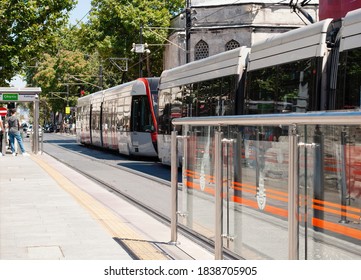 Local transport at the tram station in Istanbul. Istanbul Public Transport. Modern Turkish overground metro train or tram. 