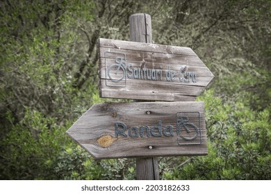 Local Wooden Sign Indicating A Cycling Route, Randa, Majorca, Balearic Islands, Spain