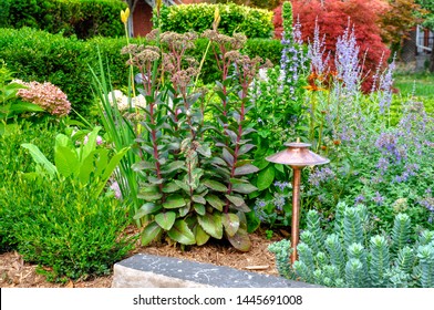 Located Beside A Walkway, A Copper Landscape Lighting Fixture Adds Structure And Provides Illumination And Safety To This Beautiful Front Garden.