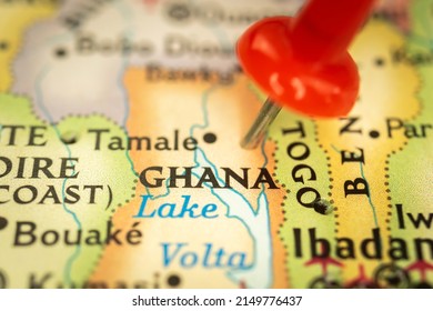 Location Ghana, map with push pin closeup, travel and journey concept with marker, Africa