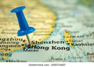 Location Hong Kong, Republic of China, travel map with push pin point marker closeup, Asia journey concept
