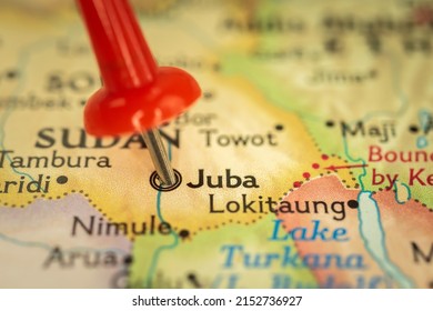 Location Juba in South Sudan, map with push pin close-up, travel and journey concept with marker, Africa