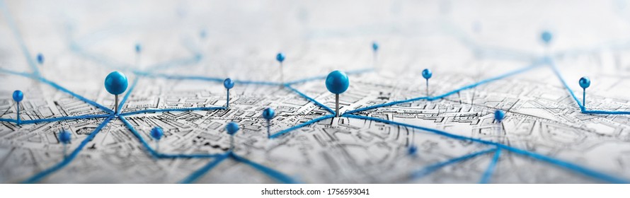 Ortsmarkierung mit einem Pin auf einer Karte mit Routen. Finden Sie Ihren Weg. Abenteuer, Entdeckung, Navigation, Kommunikation, Logistik, Geografie, Transport und Reise Thema Konzept Hintergrund.