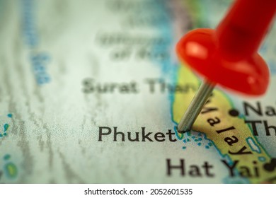 Location Phuket In Thailand, Travel Map With Push Pin Point Marker Closeup, Asia Journey Concept