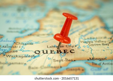 Location Quebec Province In Canada, Map With Red Push Pin Pointing Closeup, North America