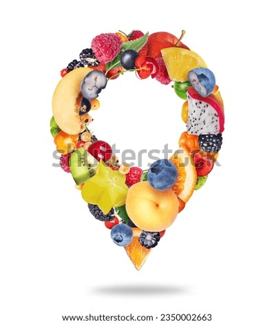 Location symbol made of various berries and fruits isolated on white background