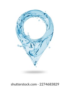 Location symbol made of water splashes isolated on a white background