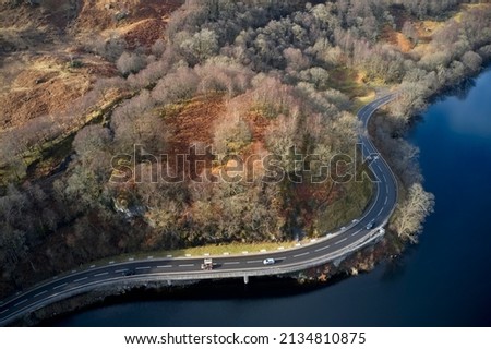 Loch Lomond aerial view showing the A82 road during autumn Stock photo © 