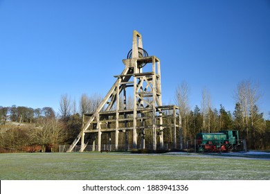 Lochore, Scotland, UK - December 29 2020: Winding gear of closed Mary Pit coal mine in Lochore Meadows Country Park in Fife, Scotland, UK.