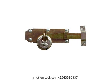 The lock with a digital code hangs on the door bolt, isolated on a white background. A round metal combination lock securely attached to the door deadbolt.