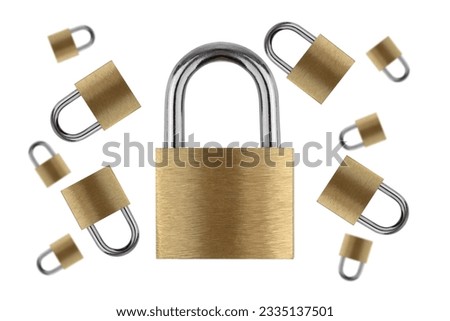 Lock for doors on a white background. Golden color padlock closeup isolated on white background.